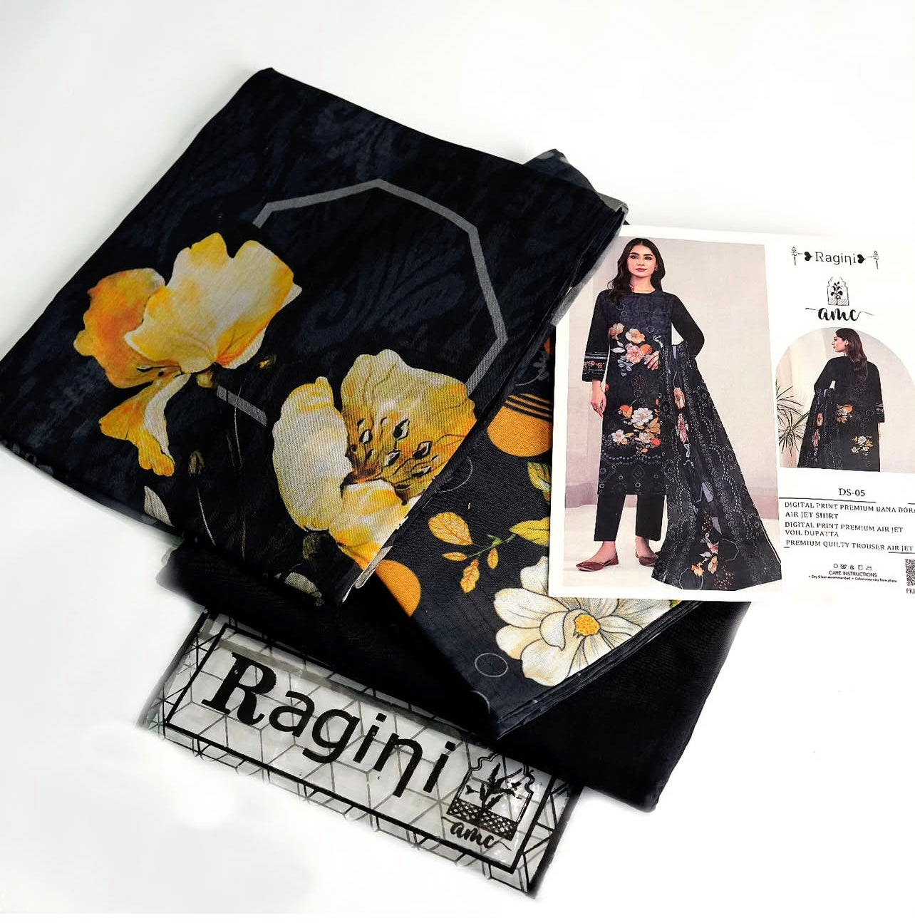 Ragini Premium Digital Print 3-Piece Suit - Black Floral Lawn Collection Leftover
