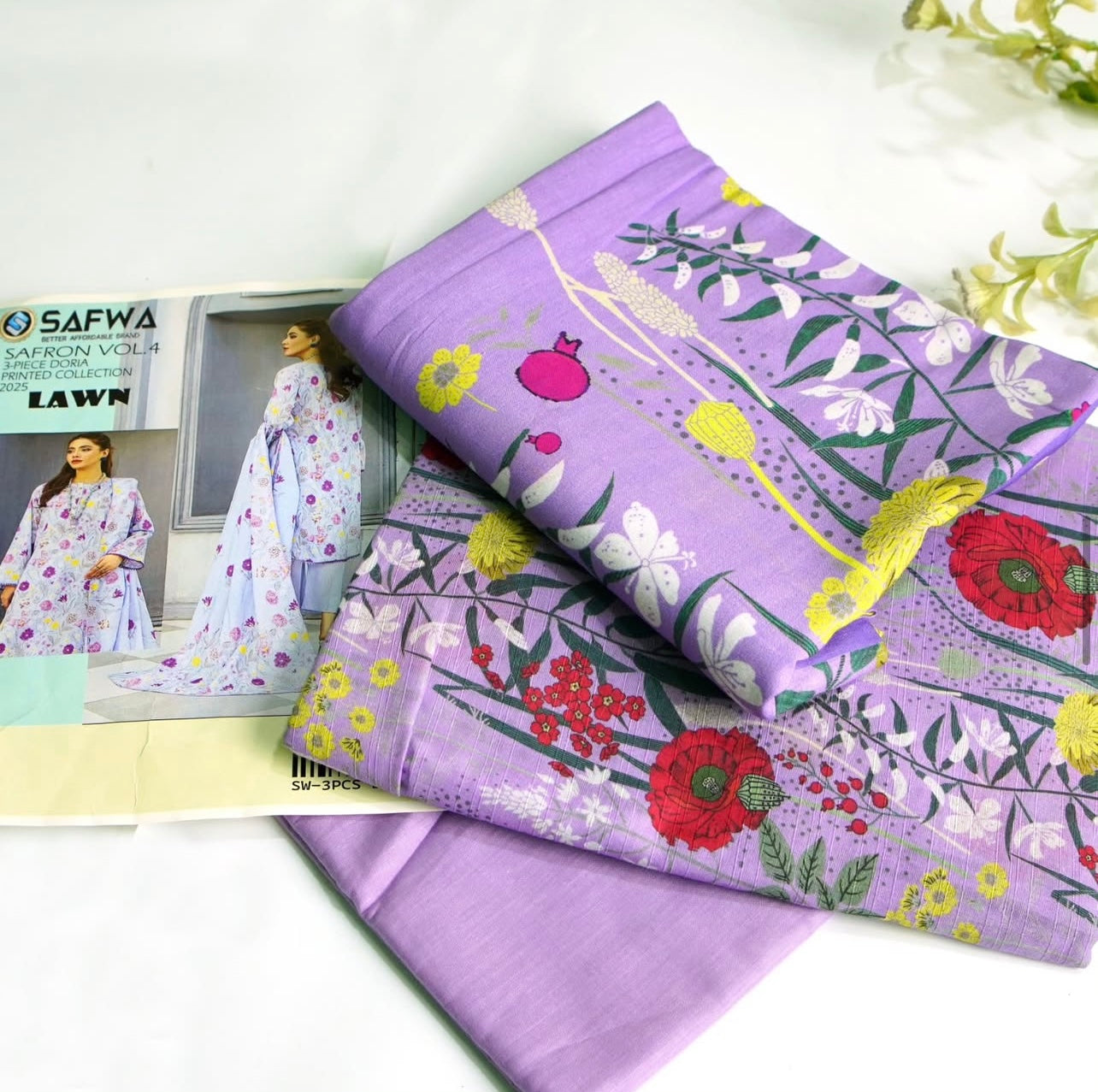 SAFWA Saffron Vol-4 Purple Floral Digital Print 3-Piece Lawn Suit Leftover