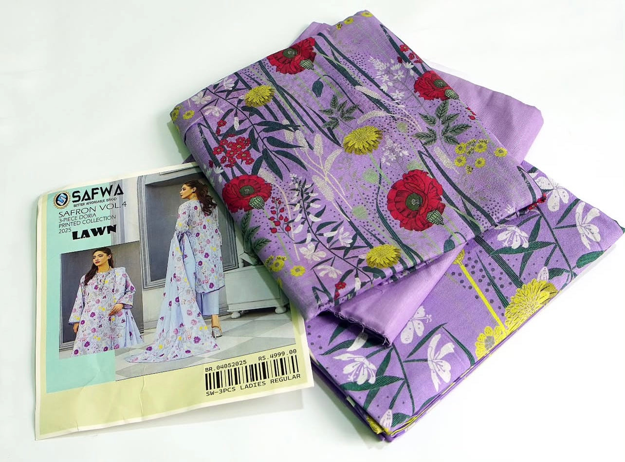 Safwa Lavender Floral Lawn Suit - 3-Piece Unstitched Collection Leftover